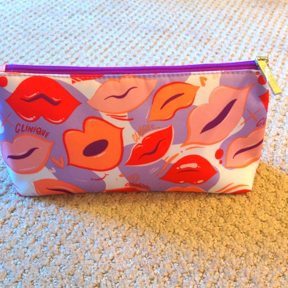 Clinique Makeup Purple Cosmetic Bag with Lips NWOT